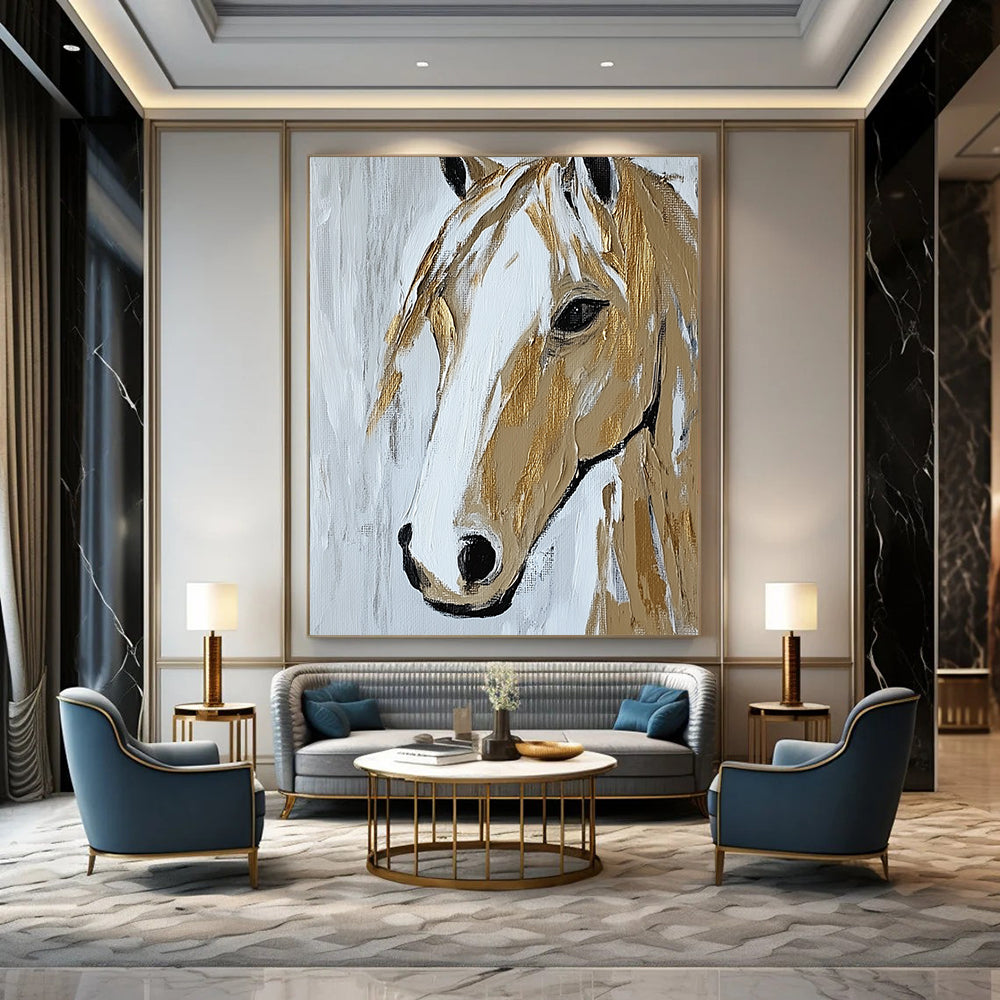 Contemporary abstract painting showcasing a close-up horse portrait in beige and white with textured gold accents on a minimal background. DLZ1583