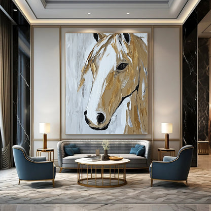 Contemporary abstract painting showcasing a close-up horse portrait in beige and white with textured gold accents on a minimal background. DLZ1583