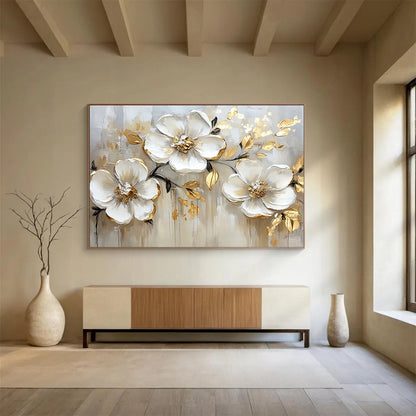 “White Flowers with Gold Edges on Beige” - White, Gold, Beige, White flowers with gold edges on beige - Impasto Oil Painting HB1787
