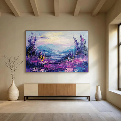 “Vibrant Purple Valley” - Lush Purples, Pinks, and Blues, Textured Mountain Valley with Floral Details Painting On Canvas HB0908