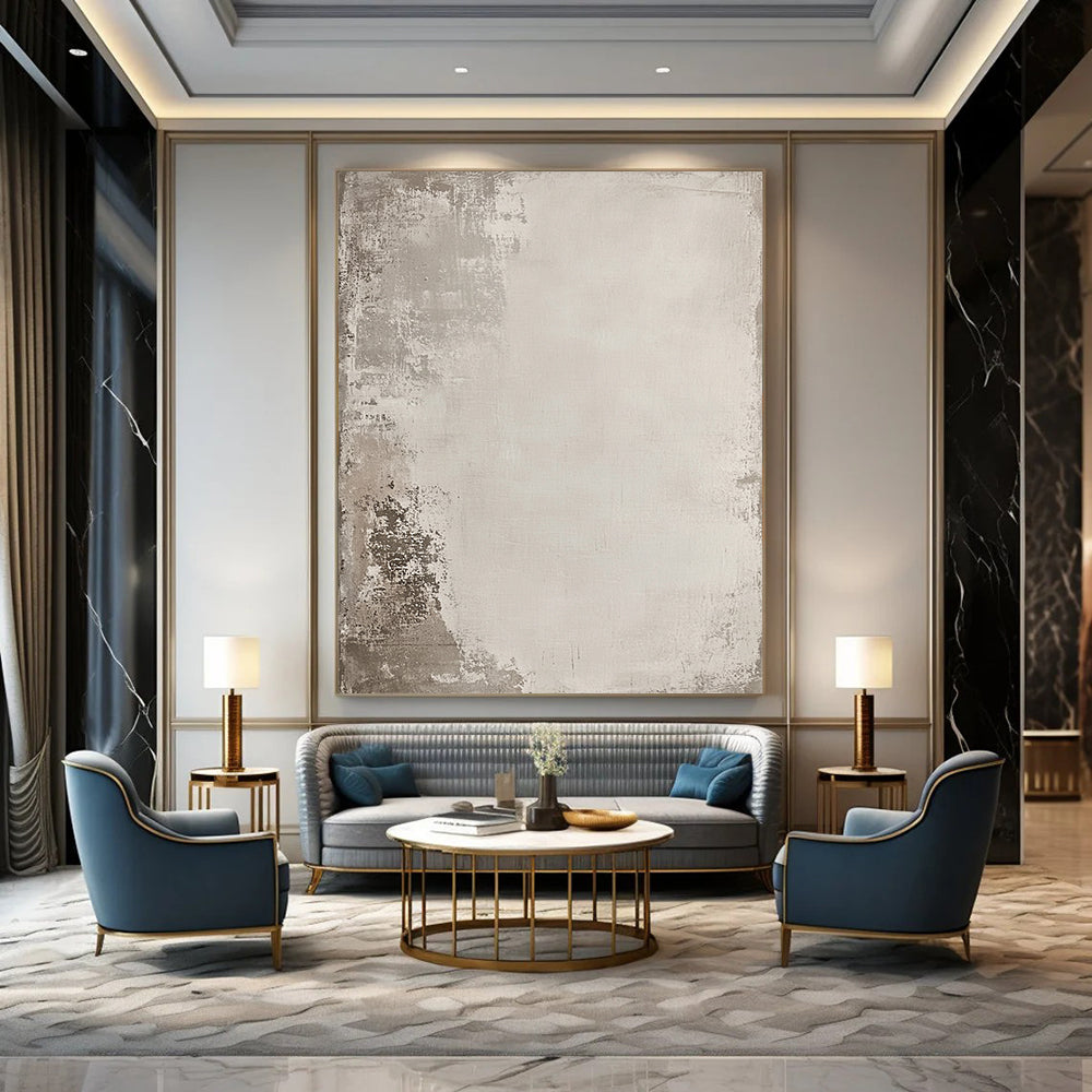 Contemporary hand-painted abstract art features a distressed texture in neutral tones with hidden sketch-like designs inviting exploration and intrigue. DLZ1170