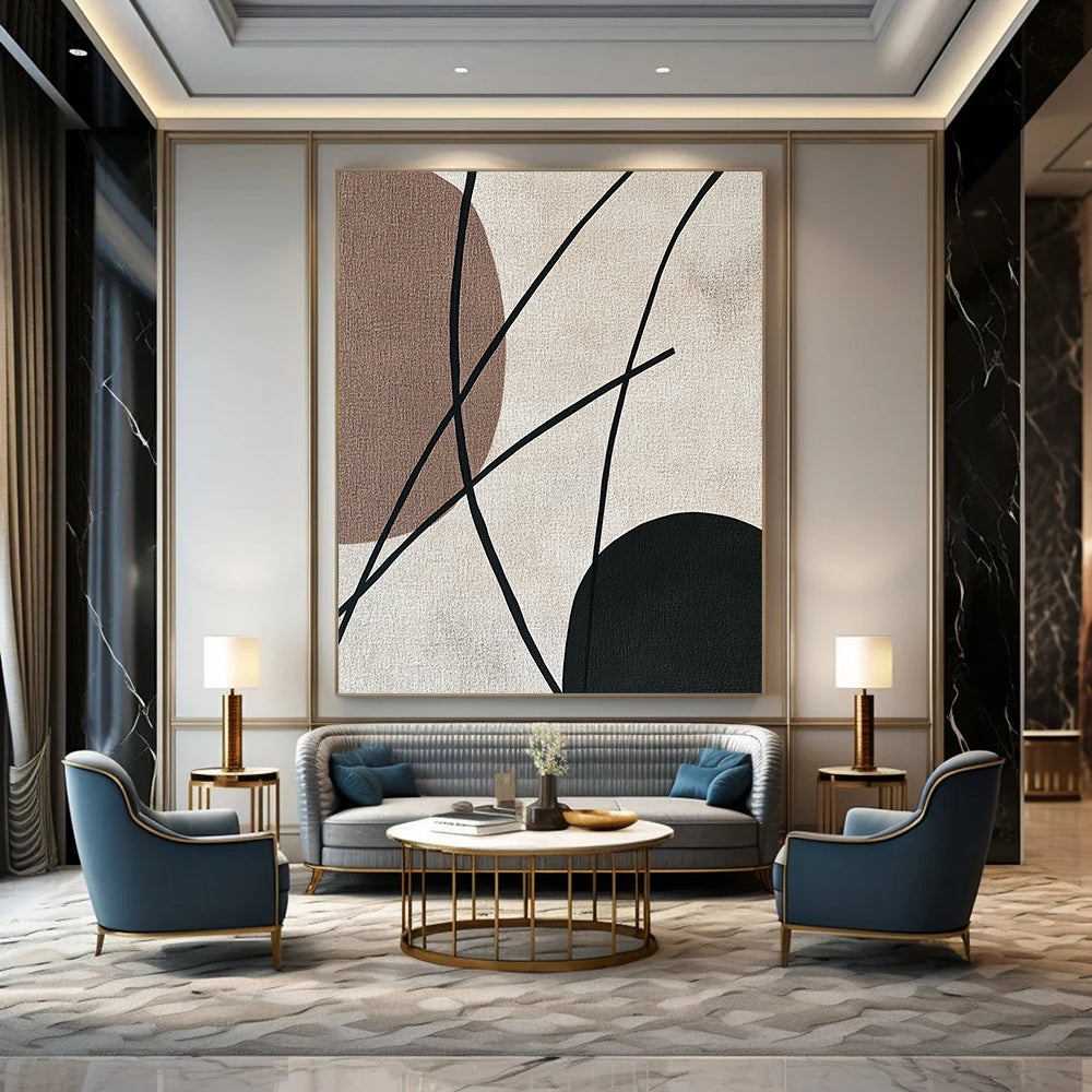 Contemporary abstract painting features minimalist Japandi art with black strings elegantly contrasting against a beige background in soothing earthy tones. DLZ1627