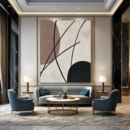 Contemporary abstract painting features minimalist Japandi art with black strings elegantly contrasting against a beige background in soothing earthy tones. DLZ1627