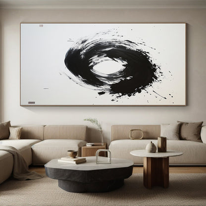 Black and White Splattered Circle "Energetic Enso" Painting On Canvas HB272