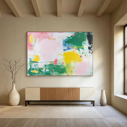 “Soft Color Splash Abstract” - Pink, Green, Yellow, Blue with Gentle Splashes - Painting On Canvas HB1369