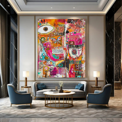 Vibrant contemporary abstract painting featuring joyful collage of musical notes fabric scraps paint splatters and geometric forms celebrating creativity and expression. DLZ0948