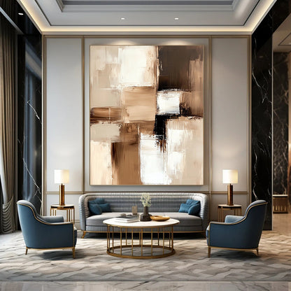 Large contemporary abstract painting featuring beige and white blocks with soft edges and delicate brushstrokes on a textured canvas in neutral tones. DLZ1024