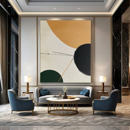 Contemporary hand-painted abstract art featuring minimalistic shapes in earthy tones with a calming palette and elegant black lines connecting forms. DLZ1191