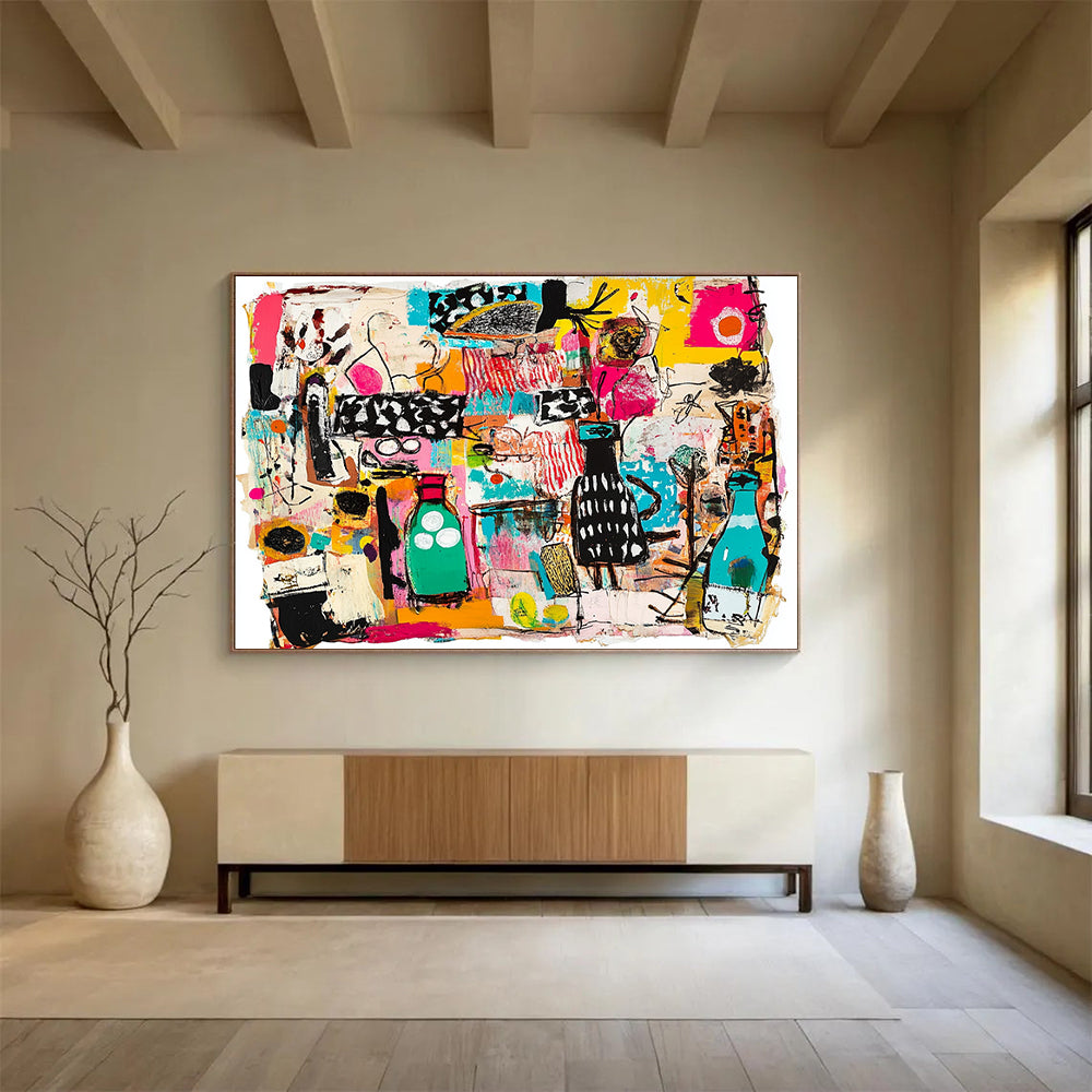 “Colorful Collage Chaos” - Multicolor, Abstract Objects, Collage - like - Mixed Media Painting HB1483