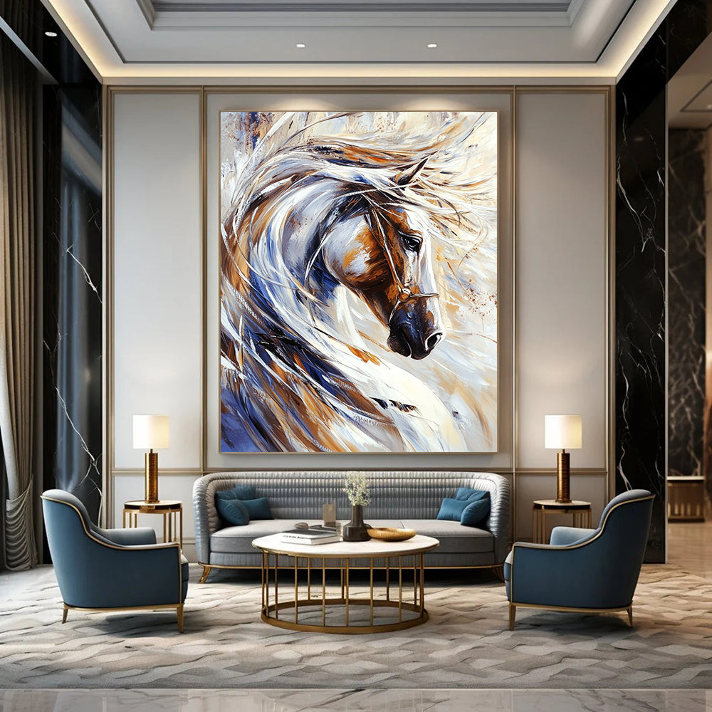 Contemporary abstract painting featuring a majestic white horse with flowing mane and dynamic brush strokes on a pristine background. DLZ1531