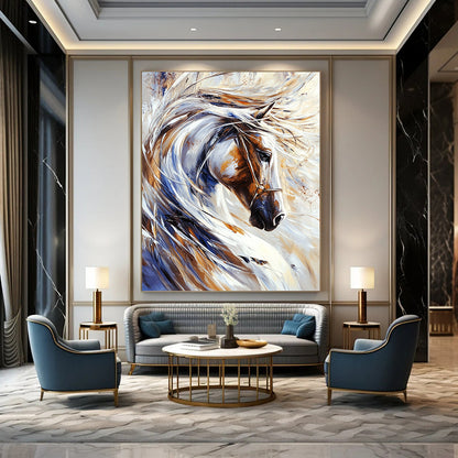 Contemporary abstract painting featuring a majestic white horse with flowing mane and dynamic brush strokes on a pristine background. DLZ1531