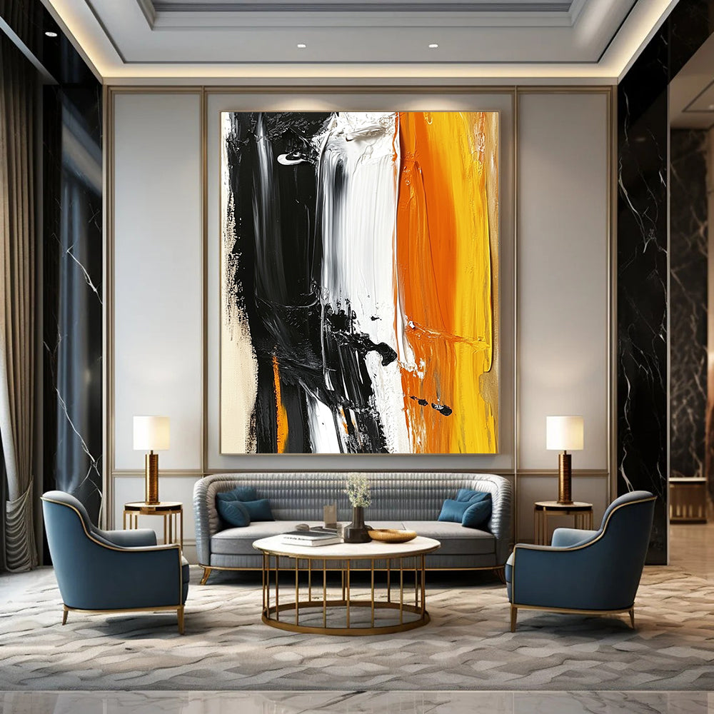 Large contemporary hand-painted abstract artwork featuring striking black white and orange with accents of light yellow on a beige background. DLZ0526
