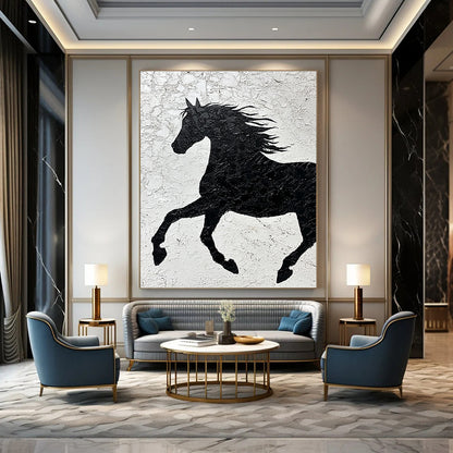 Contemporary abstract painting featuring a textured black horse silhouette on white paper emphasizing strength and freedom through impasto technique and expressive brushstrokes. DLZ1462