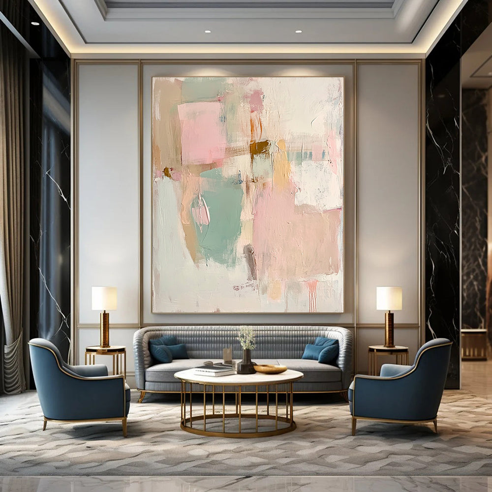 Contemporary hand-painted abstract artwork featuring soft pinks greens and whites highlighting textured beige paper with faded pastel shapes and forms. DLZ1062