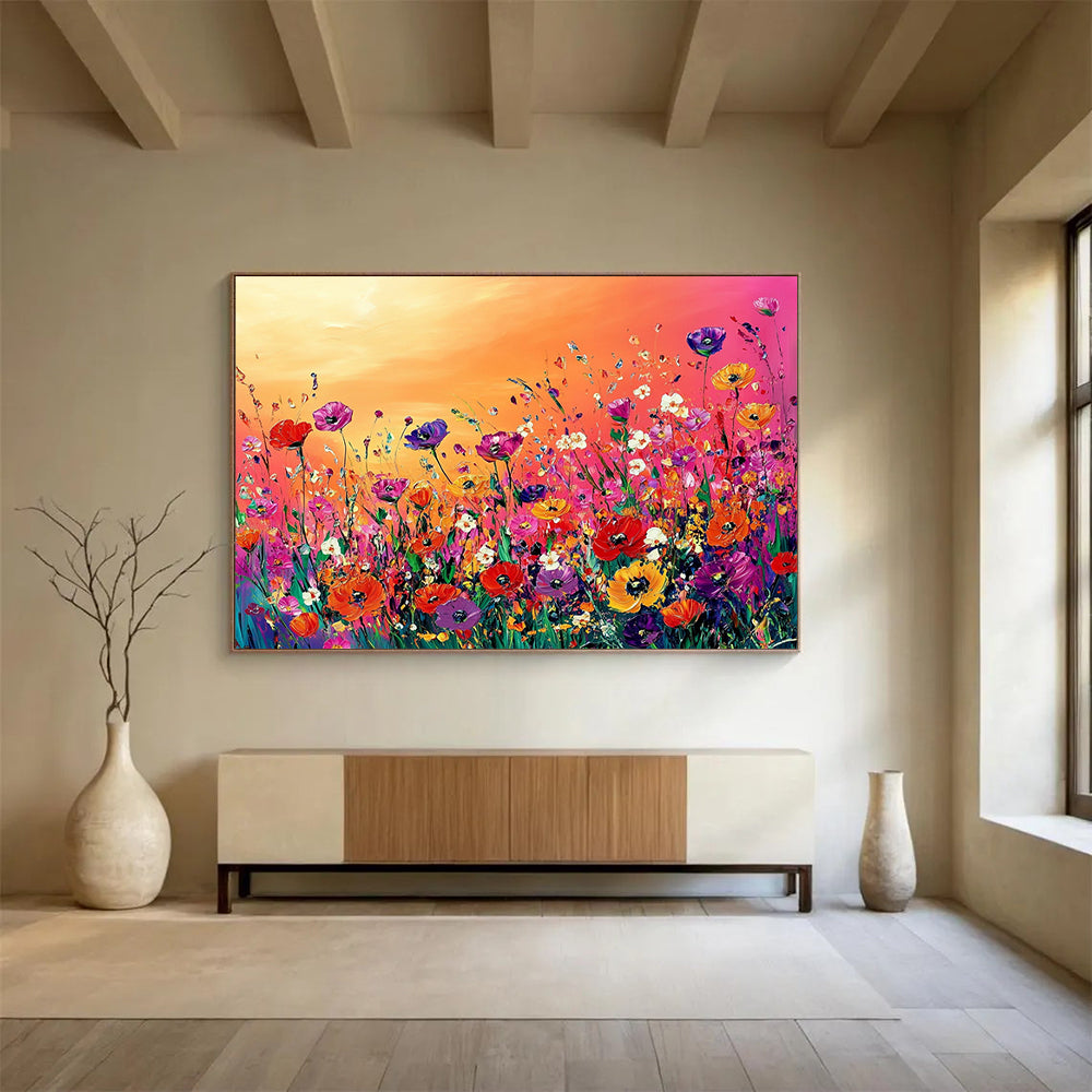 “Vibrant Flower Field” - Colorful, Flowers, Sunset Painting On Canvas HB0747