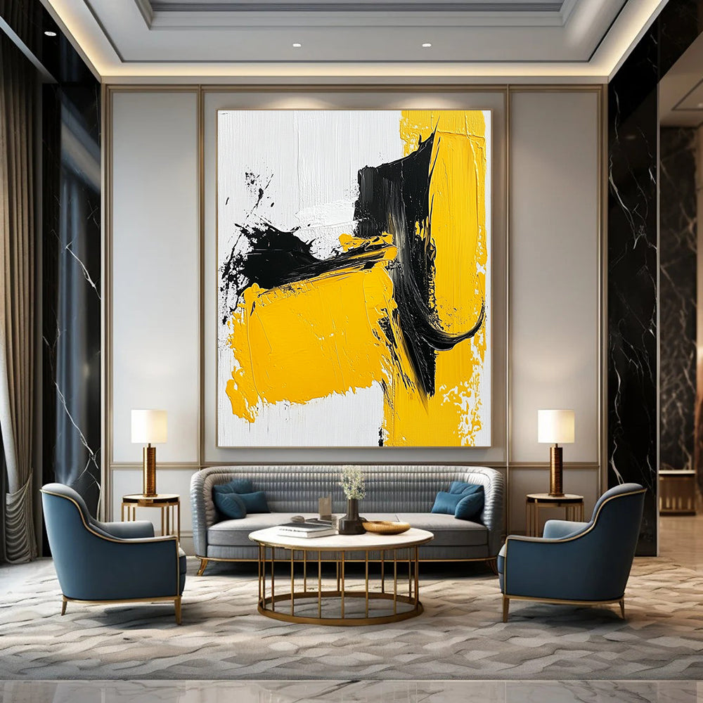 Contemporary abstract painting showcases bold yellow black and white strokes with thick paint on a textured canvas emphasizing minimalism and simple shapes. DLZ0837