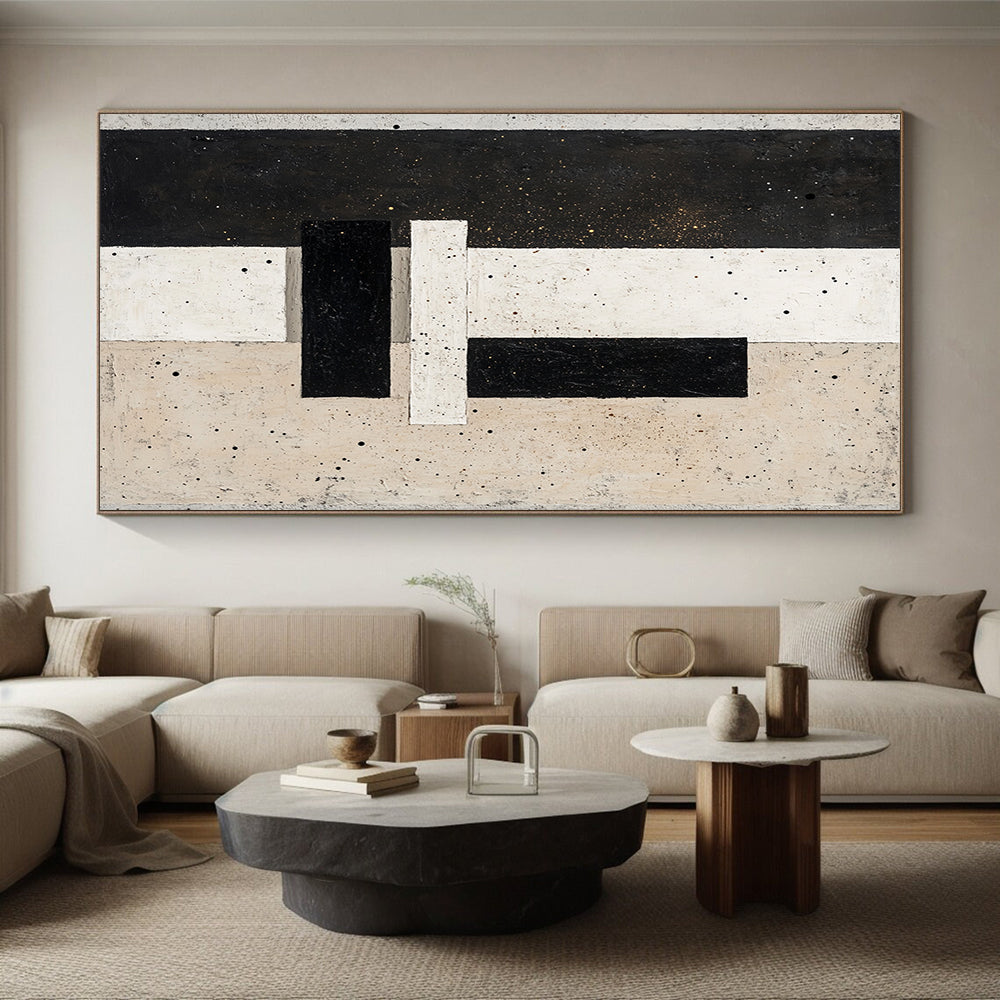 Black, White, Beige with Speckled Patterns "Starry Structure" Abstract Painting On Canvas HB014