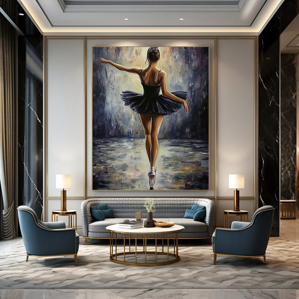 Contemporary abstract painting featuring a ballerina in a black dress, elegant pose, soft lighting, textured brush strokes, perfect for adding sophistication to any space. DLZ1672