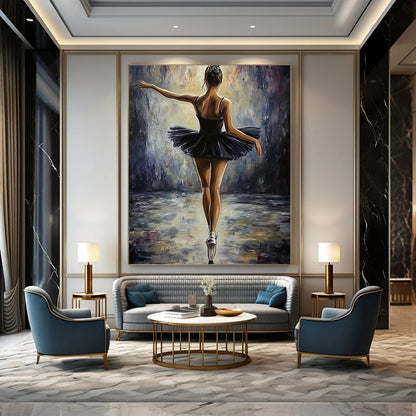 Contemporary abstract painting featuring a ballerina in a black dress, elegant pose, soft lighting, textured brush strokes, perfect for adding sophistication to any space. DLZ1672