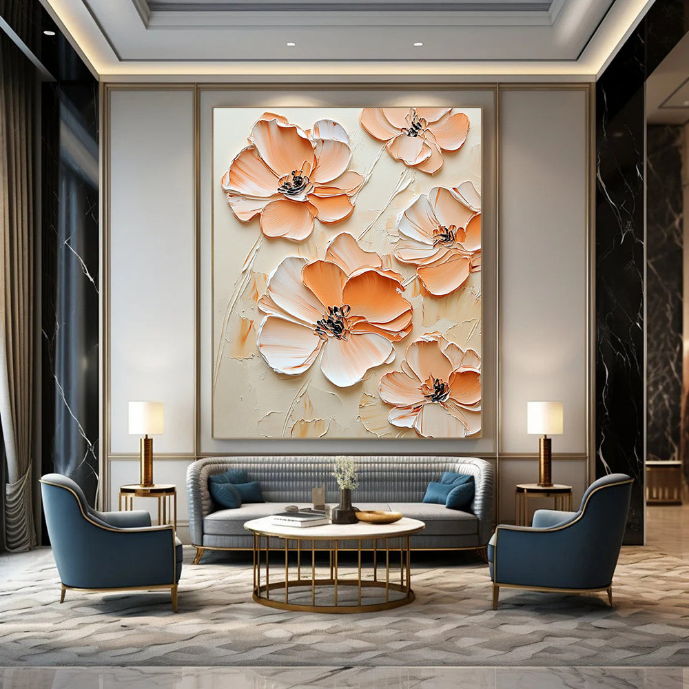 Contemporary abstract art features peach-colored flowers against a cream background with an embossed effect in beige and white for an elegant aesthetic. DLZ1688