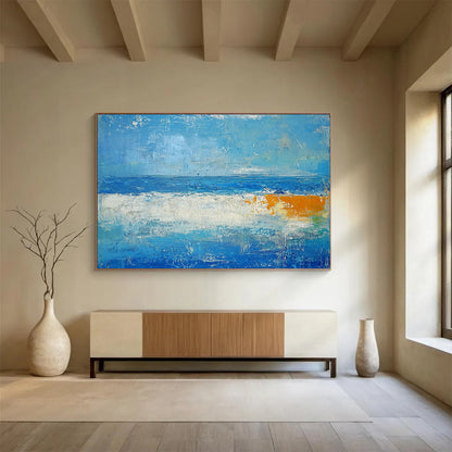 “Abstract Beach Horizons” - Blues, whites, oranges; Softly layered beach and sea; Color - Field Acrylic Painting On Canvas HB1185