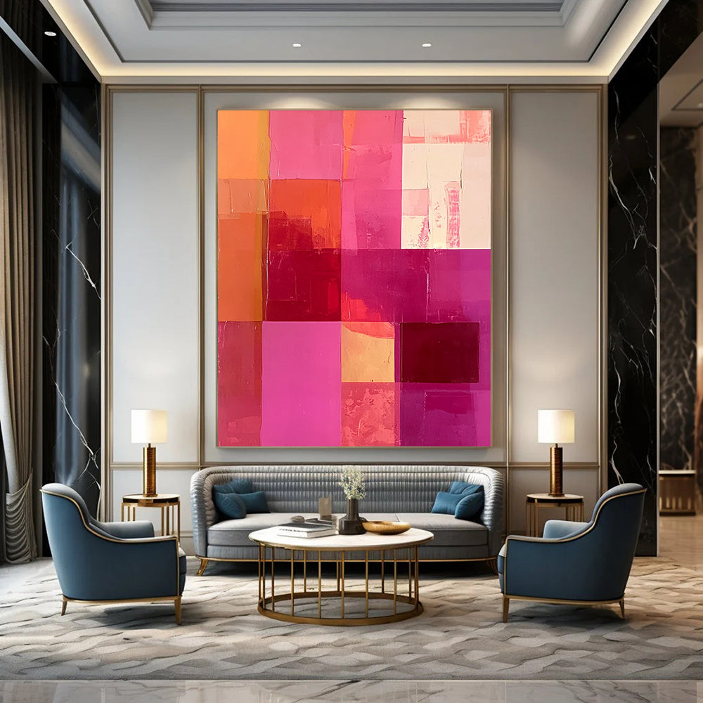 Large contemporary hand-painted abstract artwork featuring a vibrant hot pink and peach color scheme with bold squares and rectangles. DLZ1327