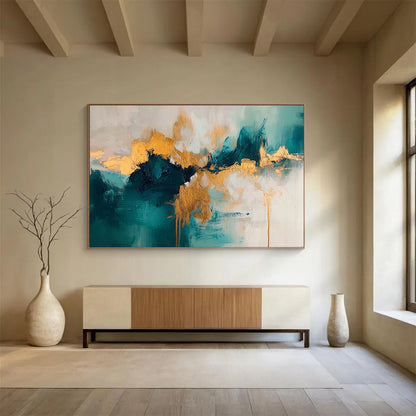 “Colorful Abstract Landscape” - Green, blue, purple, orange, yellow; Colorful abstract landscape with thick brushstrokes; Oil Painting On Canvas HB1285