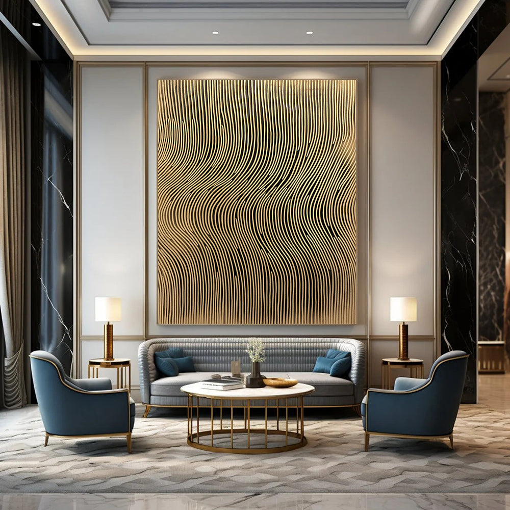 Contemporary abstract artwork features golden sound wave lines on a textured background adding depth and elegance to any space. DLZ1491