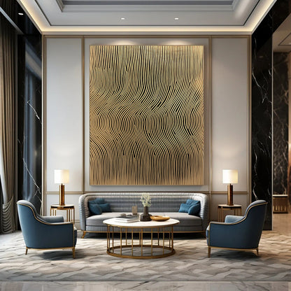 Contemporary abstract artwork features golden sound wave lines on a textured background adding depth and elegance to any space. DLZ1491
