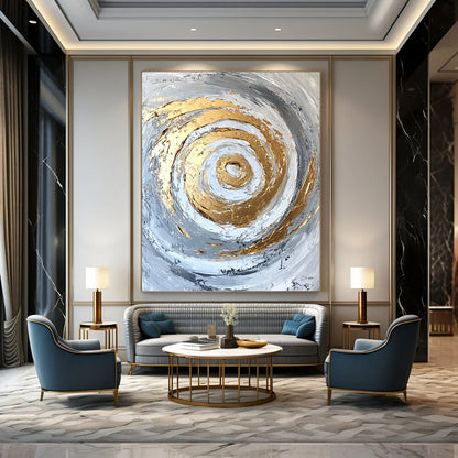 Contemporary abstract artwork features gold accents on a textured white and grey background with bold brush strokes and palette knife techniques. DLZ0808