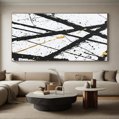 Black, White, Gold, Crossed Lines "Golden Intersection" Abstract Expressionist Painting On Canvas HB048