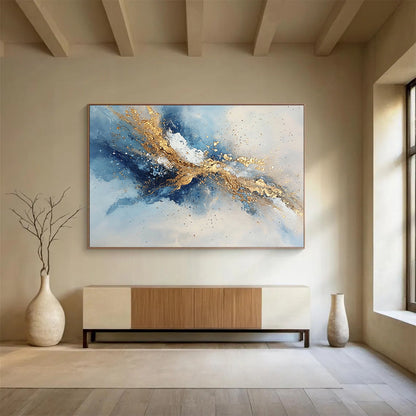 “Dynamic Gold - Blue - Gray Abstract Splash” - Gold, Blue, Gray, White, Energetic Splashes Painting On Canvas HB0824