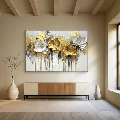 “Gold - White Floral Abstract” - Gold, White, Gray, Textured Flowers - Painting On Canvas HB1414