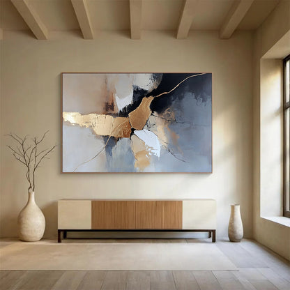 “Gold - Accented Abstract Forms” - Gold, Gray, White, Abstract Forms Painting On Canvas HB0995