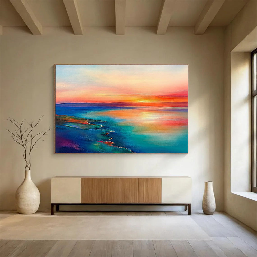 Abstract Coastal Sunset - Color - Field Landscape Oil Painting On Canvas HB0478
