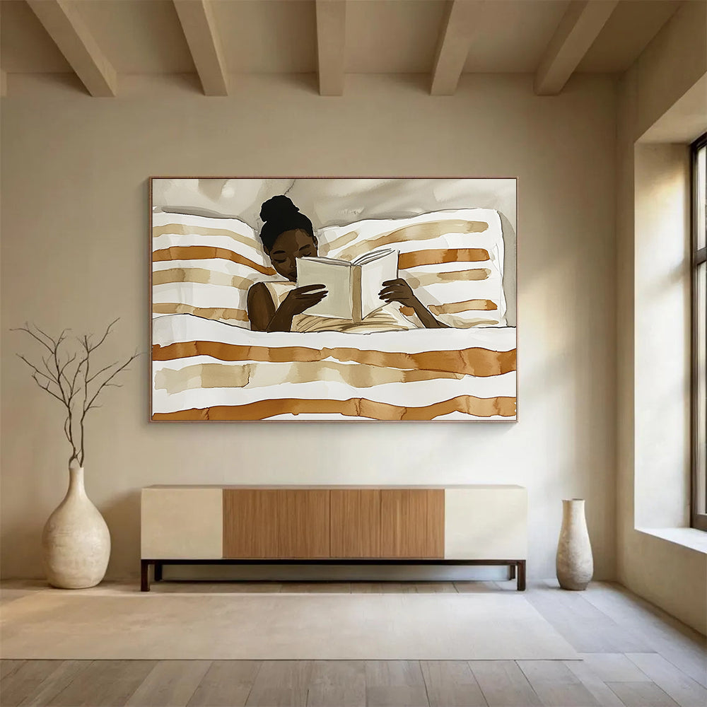 “Reading Woman in Neutral Tones” - Brown, White, Skin Tones, Figure Reading in Bed - Watercolor Illustration HB1770