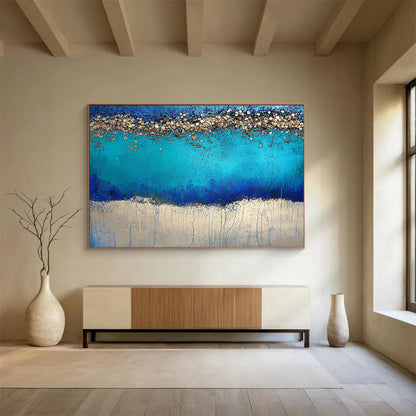 “Blue and Gold Sparkle” - Rich Blues, Shimmering Golds, Textured Abstract Layers - Mixed - Media Painting HB1753