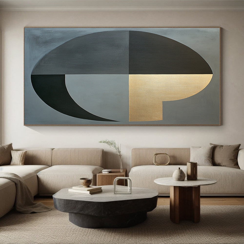 Gray, Green, Brown, Gold and White Geometric Abstraction "Vibrant Geometry" Painting On Canvas HB386