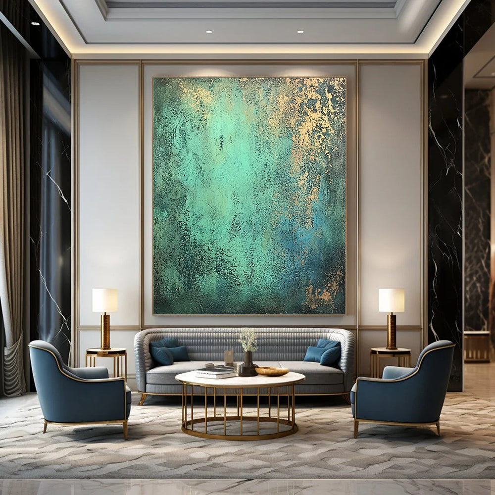 Contemporary hand-painted abstract art features textured patina-green with hints of blue and gold on a dark gray background for a rustic yet elegant ambiance. DLZ1165