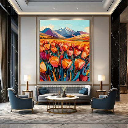 Contemporary vibrant abstract artwork featuring a field of tulips in orange and pink with majestic mountains in the background, evoking a sense of joy. DLZ1495