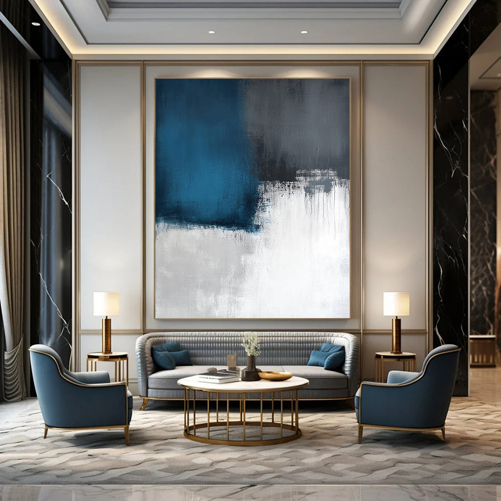 Contemporary large abstract artwork featuring layers of light sky-blue and dark gray, inspired by a calm sea on a white canvas. DLZ0539
