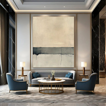 Contemporary hand-painted abstract art featuring the serene intersection of concrete and sand in neutral tones and subtle textural variations. DLZ1357