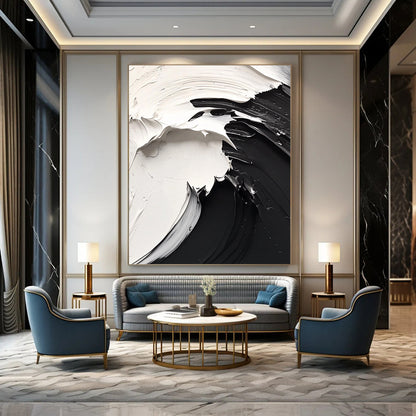 Contemporary hand-painted abstract art features dynamic flowing lines, high contrast black and white on a white background, evoking a mysterious atmosphere. DLZ1732