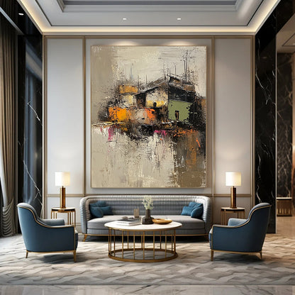 Contemporary abstract artwork featuring an old village in muted grey and brown, highlighted with vibrant green, yellow, orange, and pink textures. DLZ0961