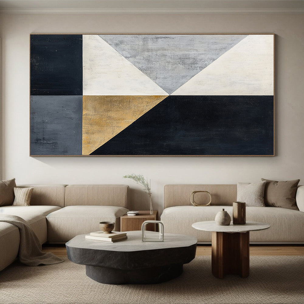 Black, White, Gray, Gold, Geometric Triangles "Gilded Triangles" Abstract Modernist Painting On Canvas HB118