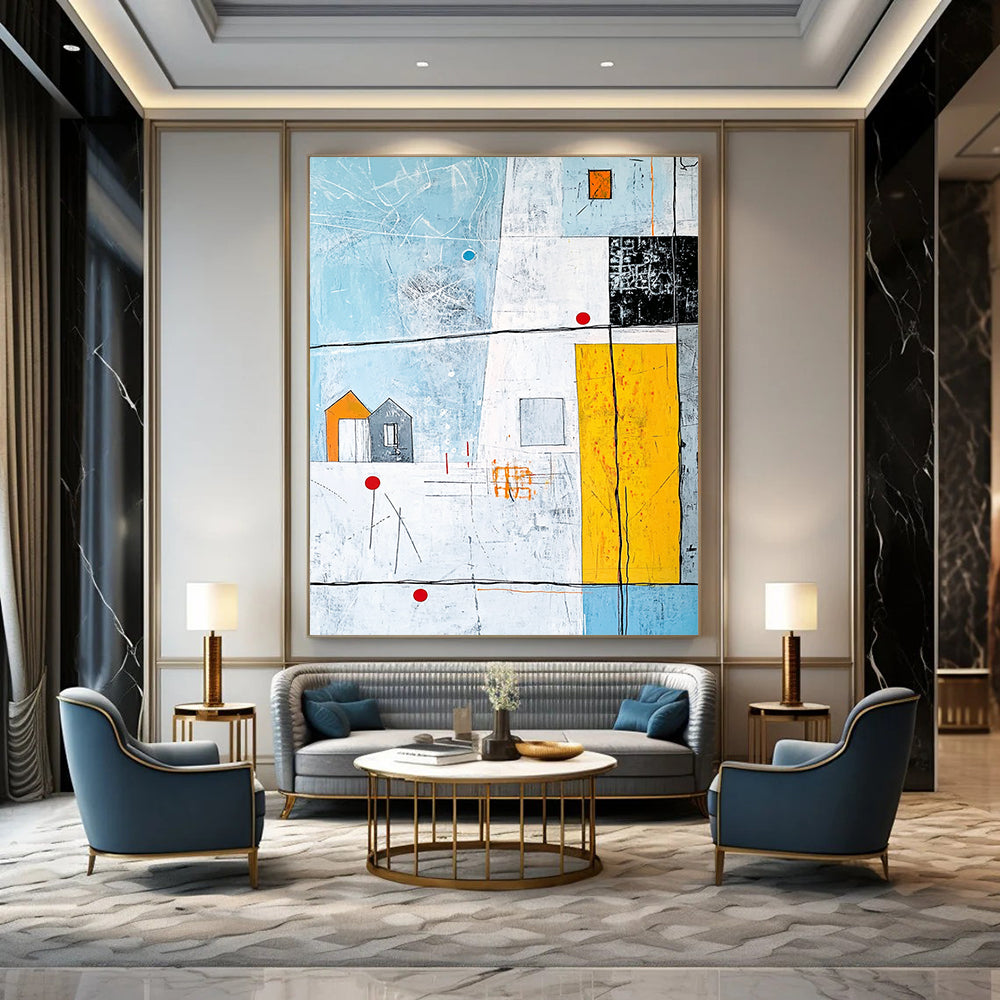 Large contemporary hand-painted abstract artwork featuring vibrant lines and shapes with an architectural drawing and a house on a light blue background. DLZ0987