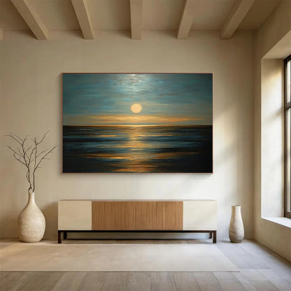 “Moonlit Ocean Calm” - Cool Blues, Silvery Whites, Warm Golds, Ocean at Night - Impasto Oil Painting HB1755