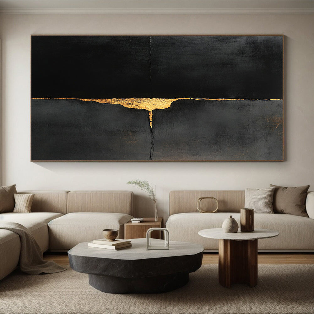 Black, Gold, Cracked Surface "Golden Fissure" Abstract Expressionist Painting On Canvas HB115