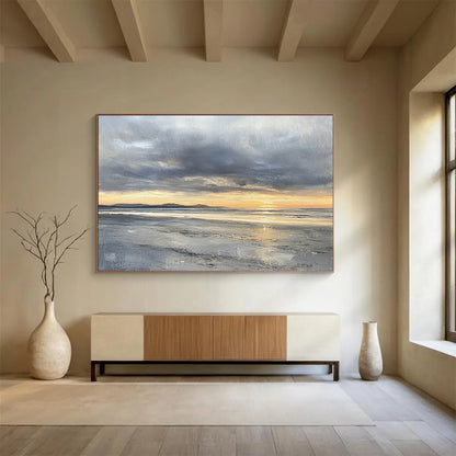 “Stormy Sunset Beach” - Grays, Oranges, Yellows, Coastal Sunset - Impressionist Oil Painting HB1595