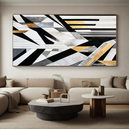 Black, White, Gray, Gold, Geometric Collage "Gilded Geometry Mosaic" Abstract Cubist - Inspired Painting On Canvas HB111